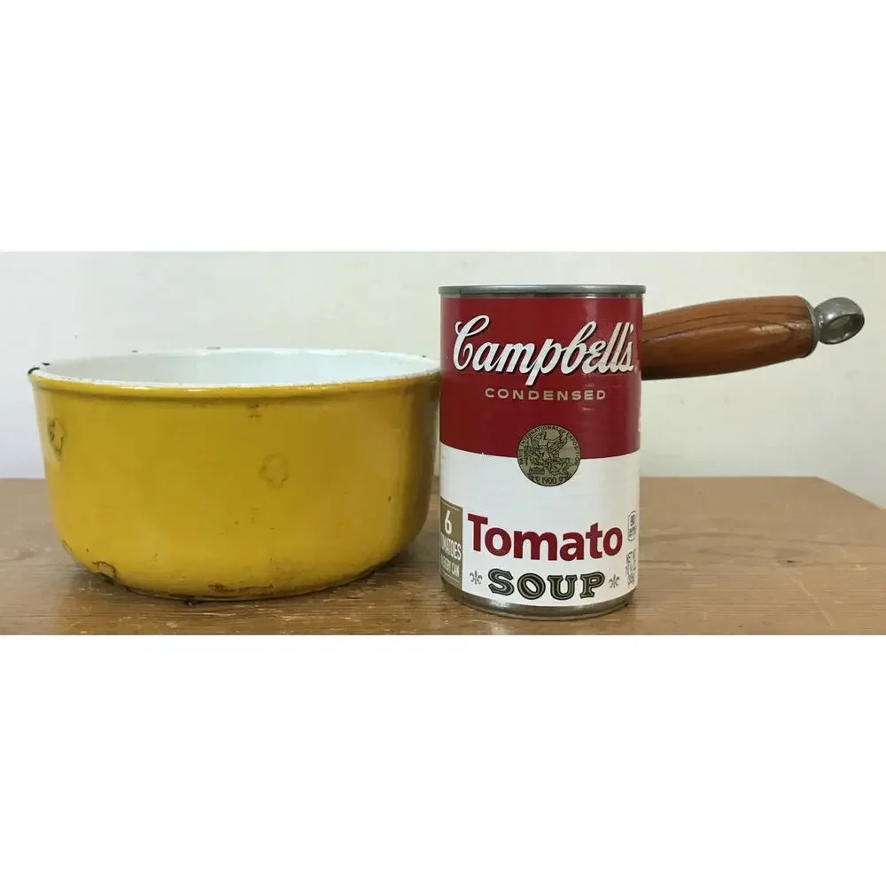 Vtg GHC Finesse Japan Enamelware Cast Iron Yellow White Cooking Pot Pan 1 Liter